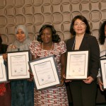 The winners of the 2013 Elsevier Foundation Awards for Early Career Women Scientists in the Developing World are (left to right) Dr. Nasima Akhter (Medical Sciences — Bangladesh), Dr. Huda Omer Basaleem (Community and Public Health — Yemen), Dr. Adediwura Fred-Jaiyesimi (Pharmacology and Medicinal Plants — Nigeria), Dr. Namjil Erdenechimeg (Biochemistry — Mongolia) and Dr. Dionicia Gamboa (Molecular Biology/parasitology — Peru). They are surrounded by Dr. Shirley Malcom, Head of Education and Human Resources for AAAS (back left); David Ruth, Executive Director of the Elsevier Foundation; Professor Maya de la Torre, VP, Latin America, OWSD; and Dr. Romain Murenzi, Executive Director of TWAS. (Photos by Alison Bert)