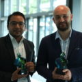 First prize winner Prajwal Rabhindari, President of the Research Institute for Bioscience & Biotechnology (RIBB) in Nepal, and second prize winner Dr. Alessio Adamiano, a researcher at the Italian National Research Council (CNR), pose with their awards.
